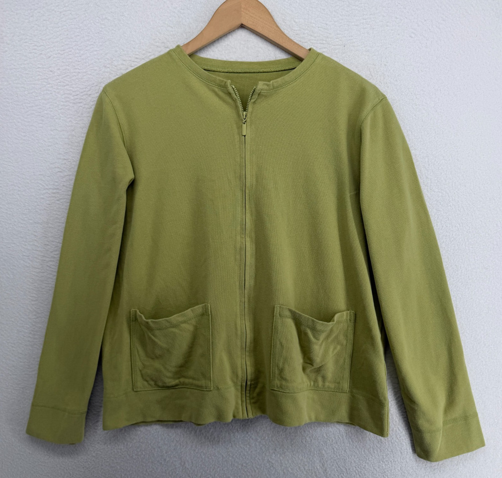EILEEN FISHER Jacket L Cotton Heavy Brushed Jersey Sweatshirt Full Zip Green